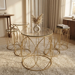 Modern Luxury <b>Gold</b> Metal Wire Frame Nested <b>Coffee</b> <b>Table</b> Set of 5 Round <b>Glass</b> Top Accent Side <b>Tables</b> Living Room Furniture - Product Image 5
