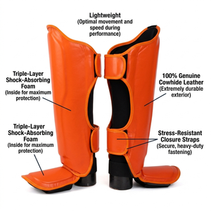 Protège-tibias Muay Thai en cuir PU, protège-tibias MMA avec logo personnalisé, protège-tibias et protège-pieds pour adultes, équipement de protection pour l'entraînement au kick-boxing - Product Image 4