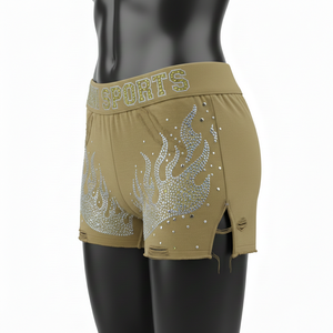 Shorts de Mujer de Alta Calidad, 260 GSM, Algodón y Spandex Elástico, Color Caqui, Panel con Llama, Logotipo con Pedrería Hotfix - Product Image 4