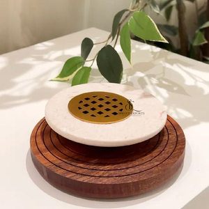 Juego de Incensario Árabe de Lujo en Mármol y Madera con Tapa Metálica con Rejilla Dorada Decoración para el Hogar Artesanal Premium de Forma Redonda B2B - Product Image 2