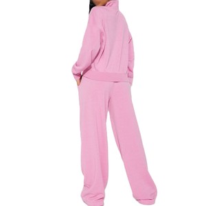 Conjunto de Sudadera Rosa con Cuello Alto y Pantalones Anchos de Pierna Larga para Mujer, Tejido Casual, Color Sólido, Transpirable, Ropa de Otoño - Product Image 4