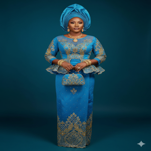 Tela de Encaje Nigeriana George de Alta Calidad, 100% Poliéster, Azul, Tradicional, con Bordado Dorado, para Vestidos de Novia para Mujeres y Niñas - Product Image 1
