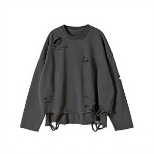 Sudadera Oversize de Cuello Redondo, Manga Larga, Diseño Desgastado con Recortes, Unisex, Tejido de Algodón, Estilo Otoñal - Product Image 2