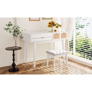 43.3 \ "Set classico trucco in legno bianco con sgabello a specchio ribaltabile e tavolo da bagno salvaspazio a tre cassetti - Product Image 4