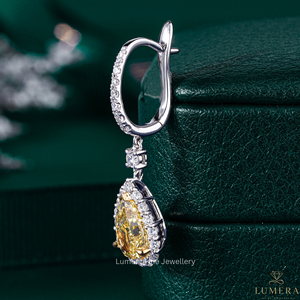 Fancy Yellow Pear Cut Lab Grown Diamond Dangle <b>Drop</b> Earrings Pave Lever <b>back</b> Halo Setting IGI Certified Gold Diamond Earrings - Product Image 5