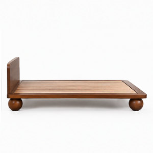 Lit plateforme en teck massif, cadre de lit en bois à profil bas avec pieds arrondis, mobilier de chambre moderne - Product Image 2