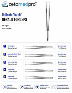Delicate Touch GERALD Forceps Straight Flat Handle 1mm Tips Overall 7in 17.8cm or 8in 20.3cm or 9in 22.9cm ZETOMEDPRO - Product Image 2