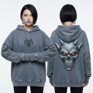 เสื้อฮู้ดแขนกุดผ้ากำมะหยี่สีแดงเลือดหมู 350GSM รุ่นคลาสสิค ลายกราฟิกหน้ากากหัวกะโหลก สไตล์โกธิค ชายเสื้อแบบดิสเทรส สำหรับผู้หญิง - Product Image 5