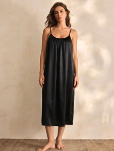 Elegant Black Satin 100% Silk V-neck Elastic Waist <b>Sleeveless</b> Nightgown Loose Fit Knee Length Solid Color Thermal Plus Size - Product Image 1
