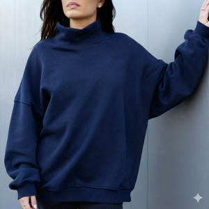 Womens Mock Neck Sweatshirt Slouchy <b>Drop</b> Shoulder Plain Ocean Blue Pullover Fleece - Product Image 3