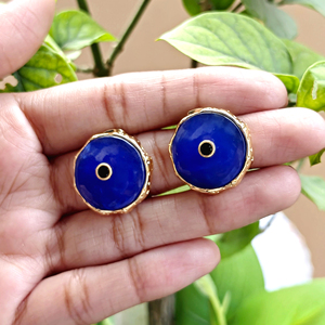 Trendy fashion jewelry round shape blue jade stone <b>stud</b> earrings with black cz inlay texture metal 18k gold plated women <b>studs</b> - Product Image 2