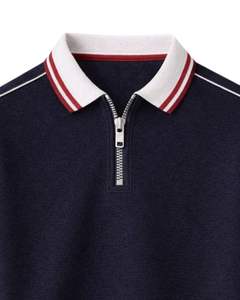 Polo de manga corta azul marino para hombre con cremallera de un cuarto, cuello acanalado en contraste, informal, para verano, mezcla de algodón, personalizado. - Product Image 4