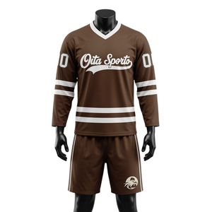 Conjunto de Jersey y Pantalones Cortos Deportivos Sublimados para Hombre, Color Marrón y Blanco, Cuello en V, Rayas, Poliéster, Ropa Deportiva para Entrenamiento de Equipo - Product Image 1