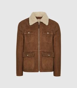 Men's Reversible Sherpa Lined Leather Aviator Shell <b>Jacket</b> Windproof Zip-Up with Front Pockets for Winter - Product Image 4
