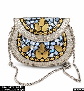 Bolso de Mano Étnico Hecho a Mano con Mosaico, Adorno de Botones, Forro de Satén y Correa de Cadena Metálica - Product Image 4