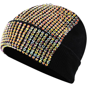 Fashion Black Studded Beanie Hat Crystal Rib Knit <b>Winter</b> Warm <b>Cap</b> Women <b>Men</b> Custom Logo Streetwear Skull <b>Cap</b> - Product Image 1