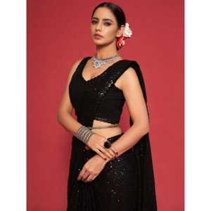 Adorable sari noir en georgette à sequins, non cousu, 1000g, pour soirée - Product Image 4