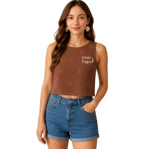 <b>Brown</b> Floral Embroidered Crop Tank Top Women Sleeveless Cotton Summer <b>Vest</b> Custom Logo Casual Fashion Streetwear Short Top Wear - Product Image 1