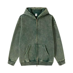 Sweat à capuche zippé vert olive délavé sur mesure pour homme, coupe oversize à épaules tombantes, style vintage streetwear - Product Image 1