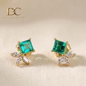 Modern 14KT Solid Yellow Gold Lab Grown Diamond and Colombian <b>Emerald</b> <b>Studs</b> <b>Earrings</b> IGI Certified Stylish Gift Women Jewellery - Product Image 4