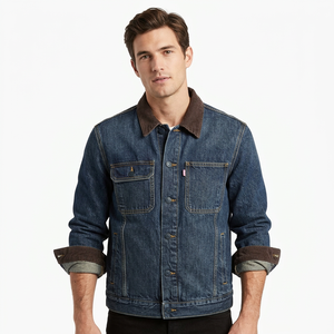 Blouson moto en jean délavé bleu foncé pour homme, col rabattu décontracté, boutons, grandes tailles, poches, finition de qualité, fabriqué au Bangladesh - Product Image 4