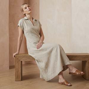 Elegante Vestido Midi A-Line Beige de Lino y Algodón para Mujer con Paneles, Tejido Ligero, Estilo Moderno y Ajuste Cómodo - Product Image 3