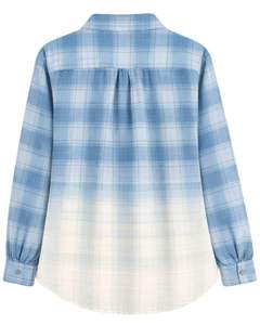 Camisa de Franela a Cuadros Azul Degradado Personalizada para Mujer, Manga Larga, Cierre de Botones, Estilo Casual, Mezcla de Algodón, Blusa para Otoño e Invierno - Product Image 4