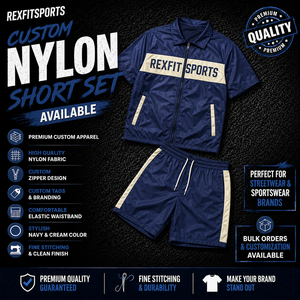 ชุดกีฬา REXFIT SPORTS 2026 สีกรมท่าครีม ผ้าไนลอน เสื้อแจ็คเก็ตแขนสั้นคอปกแบบซิปเต็มตัว และกางเกงขาสั้นแบบมีเชือกผูกเอว - Product Image 1