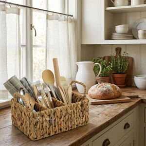 Handmade Water Hyacinth Utensil <b>Caddy</b>, Woven Kitchen Organizer with 4 Compartments for Dining <b>Table</b>, Picnic & Party - Product Image 3