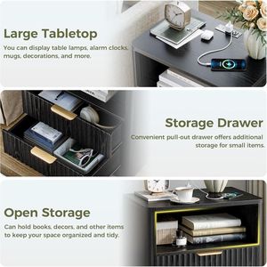 Comodino Moderno Scanalato con Stazione di Ricarica, Cassetti Aperti e Ripiani, Tavolino da Notte in Legno per Camera da Letto - Product Image 2