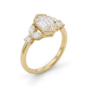 Bague de fiançailles en diamant taille hexagonale en or jaune 14 carats avec diamants de laboratoire et pierres latérales marquise en grappe – Bijou de mariée élégant - Product Image 5