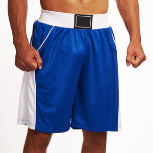 Shorts de boxe unisexe bleus avec bande blanche à la taille et bandes latérales, extensibles, séchage rapide, en polyester, pour arts martiaux, coupe classique, taille adulte - Product Image 1