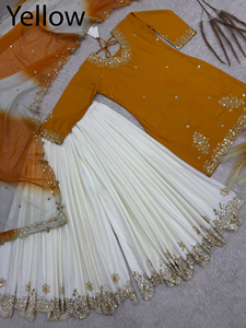 Wholesale Stitched Designer Indian Sequin Embroidered Crepe Sharara Gharara Kurti Set Diwali Wedding PartyWear 3Pcs Premium - Product Image 4