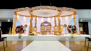 RajMahal Theme Wedding White Mastani Mandap Royal Wedding Event Mandap Decoration Gorgeous Indoor Golden Carved Wedding Mandap - Product Image 4