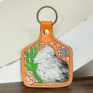 2026 Bulk Purchase Tooled Leather Cowhide Keychain Cactus Western Key Fob Rustic Floral Car Key Holder Gift for Women Men - Product Image 4