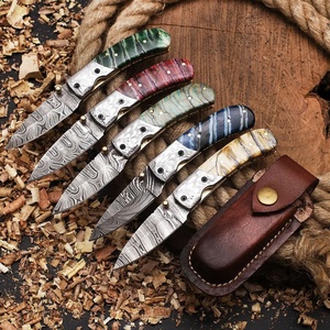 Couteau de poche en acier Damas fait main de haute qualité avec étui en cuir, cadeau idéal pour le camping, pour papa, support OEM et ODM - Product Image 3