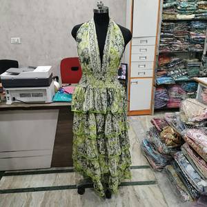 Women's Green Paisley Print Halter <b>Maxi</b> <b>Dress</b> Tiered Ruffle <b>Chiffon</b> Boho Summer Party Gown - Product Image 4