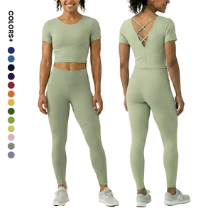 Trendy Sage Green Criss <b>Cross</b> Back Yoga <b>Top</b> Slim Fit Padded Gym Crop <b>Top</b> Short Sleeve Sports Shirts Women Activewear - Product Image 1