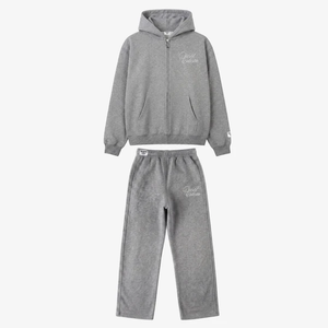 Ensemble de survêtement unisexe gris à capuche, couleur unie, fermeture éclair intégrale, poche avant, 100 % coton, tenue décontractée d'automne, coupe classique - Product Image 1