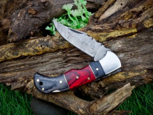Cuchillo Plegable de Acero de Damasco Personalizado, Grado Industrial, para Camping, Hoja de Borde Recto, Mango de Madera, Funda de Cuero, ODM/OBM - Product Image 2