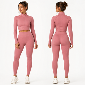 Conjunto de Yoga Personalizado para Mujer, Sin Costuras, Acanalado, Top Corto con Cierre y Manga Larga, Leggings de Cintura Alta, Ropa Deportiva para Gimnasio, OEM ODM - Product Image 3
