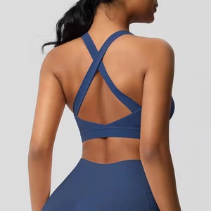 Custom Wholesale Womens U-NECK Yoga Sports <b>Bra</b> Adjustable <b>Thin</b> <b>Strap</b> Breathable Front Logo Lightweight High Support Workout Top - Product Image 5