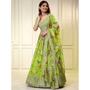 Neon Green Printed Organza Plus Size Bridesmaid Lehenga Choli with <b>Feather</b> Detail - Product Image 1