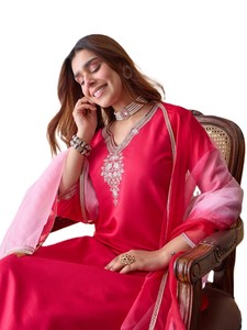 Women’s Floral Embroidery Gadwal Silk Straight Kurta Pant with Organza Dupatta 3-Piece Suit Salwar Kameez Indian - Product Image 2