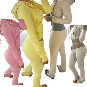 Custom Manufacturer Contrast Color Sweatsuit Distressed <b>Zip</b> <b>up</b> <b>Cropped</b> Hoodie and Flare Sweatpants Outfits Set Women Tracksuit - Product Image 5
