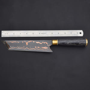 Cuchillo de Chef Estilo Japonés Kiritsuke de Cobre Damasco Hecho a Mano, Ambidiestro, con Funda de Cuero y Mango de Madera Personalizable - Product Image 6