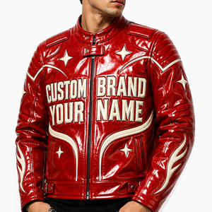 Custom <b>Red</b> Color Leather <b>Jacket</b> With Custom Brand Patch And Ribbed Stripe Trim Cuffs For Unisex Comfort Wear - Product Image 2