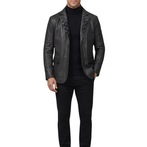 Chaqueta de Cuero Genuino Negra para Hombre, Estilo Blazer, con un Solo Botón, Solapa de Satén Acolchada, Corte Entallado - Product Image 2