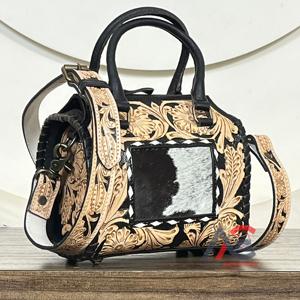 Premium Hot Selling Real Hairon Cowhide Leather Speedy Duffel Bag Women Western Style <b>Tooled</b> Mini Crossbody Travel Handbag Purse - Product Image 1