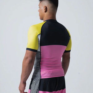 Men's Short Sleeve Rash Guard <b>Black</b> White Stripe Quick Dry <b>Compression</b> <b>Shirt</b> MMA BJJ Grappling Base Layer Sport Top - Product Image 3
